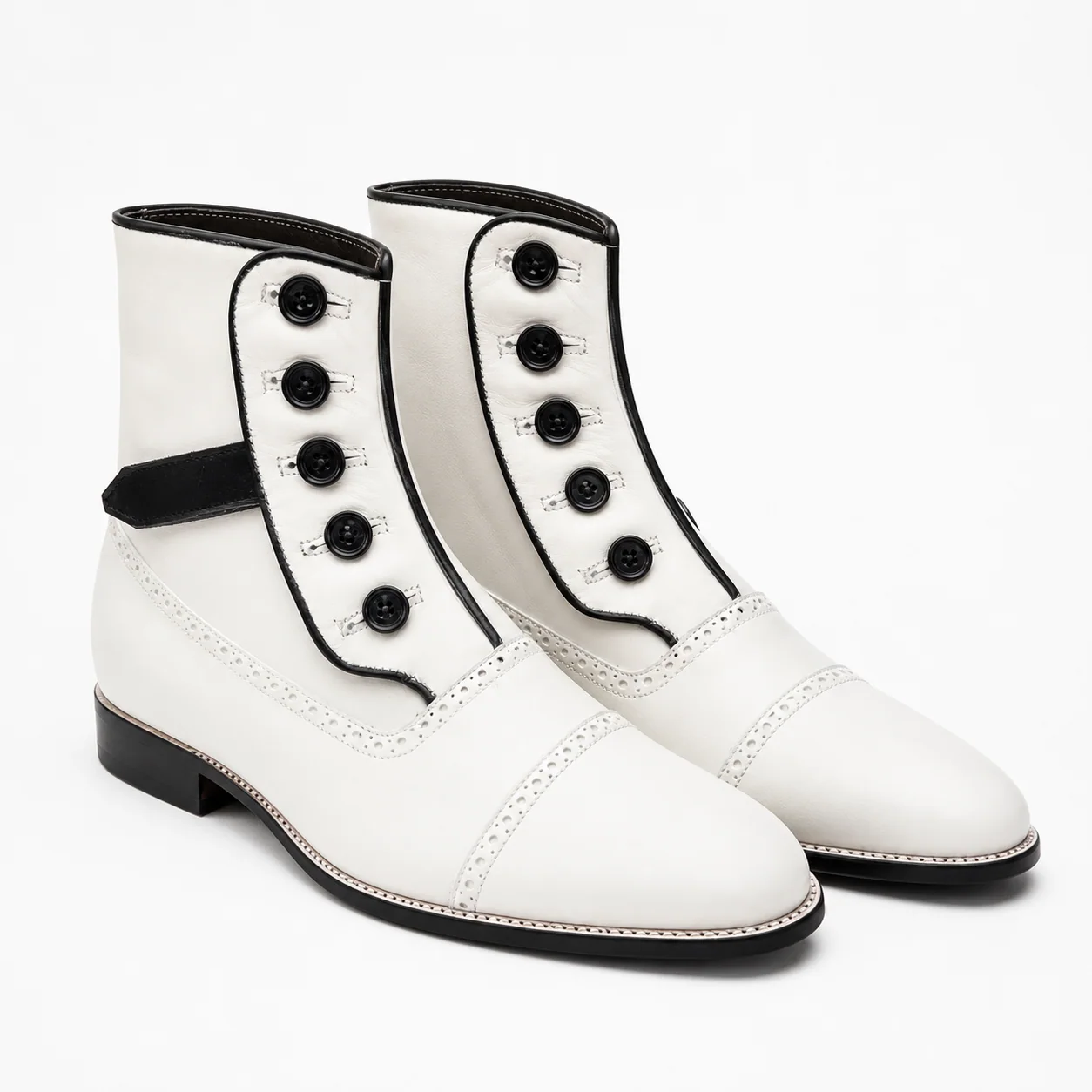 White Leather Button Boots with Black Trim