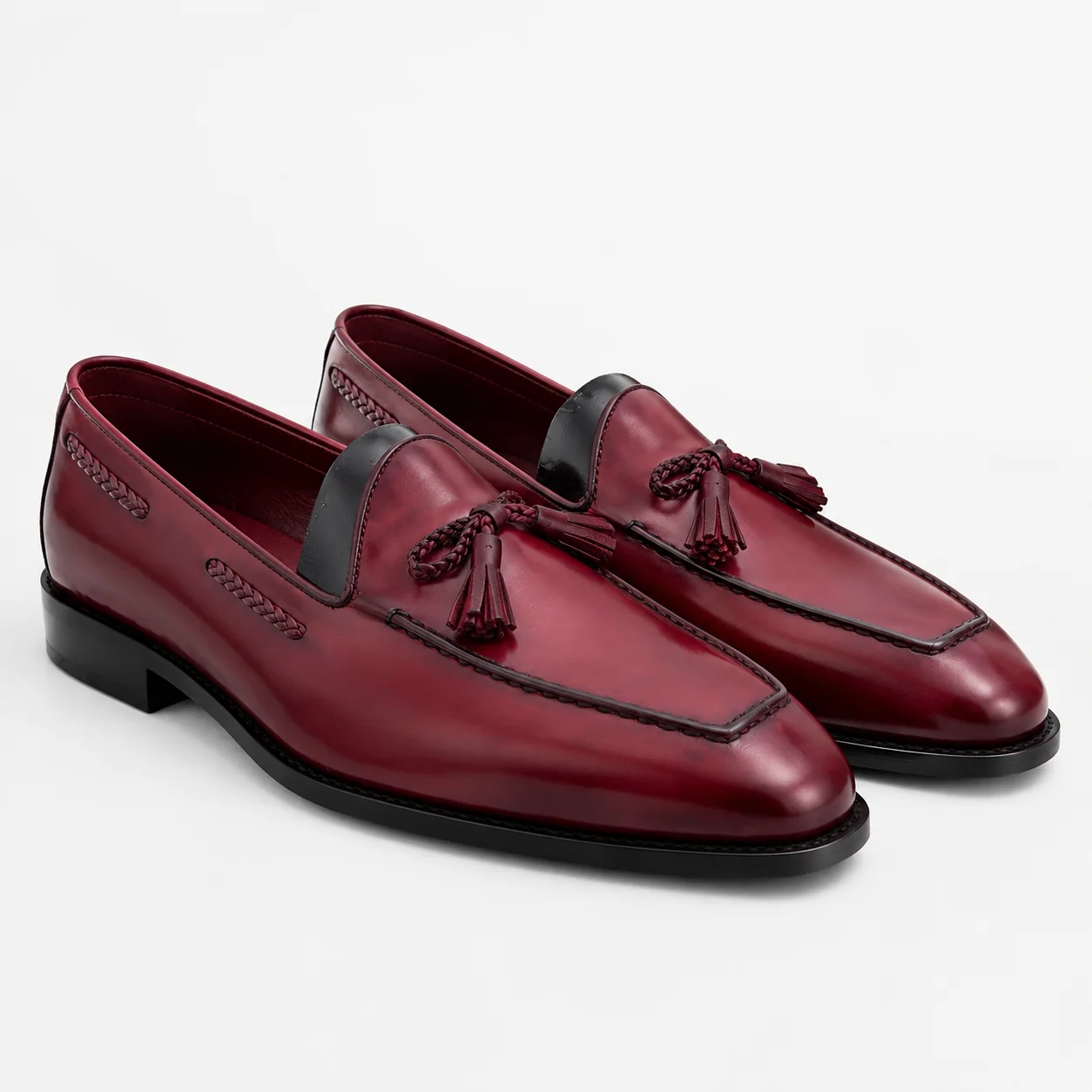 Burgundy Leather Tassel Loafers with Black Piping