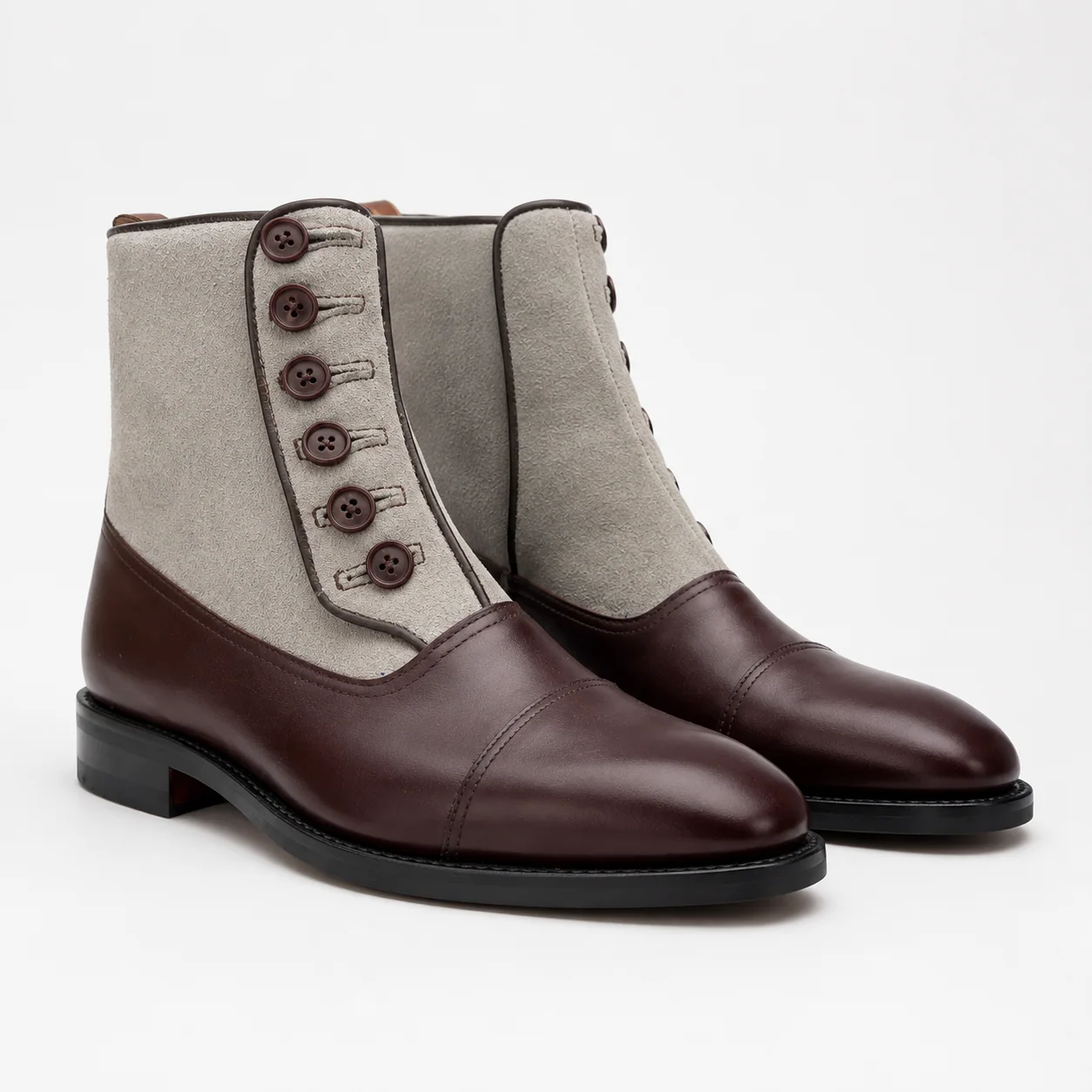Brown and Stone Two-Tone Button Ankle Boots