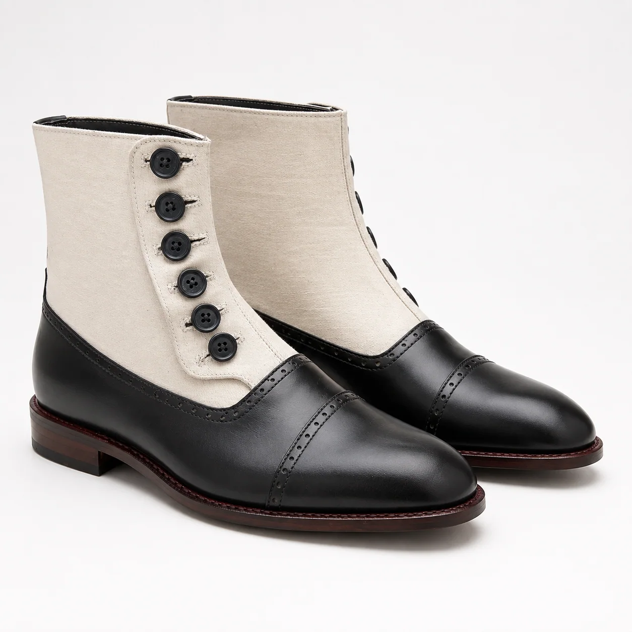 Black and Cream Cap-Toe Button Ankle Boots
