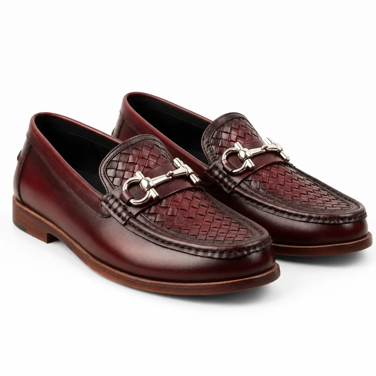 Burgundy Woven Leather Horsebit Loafers