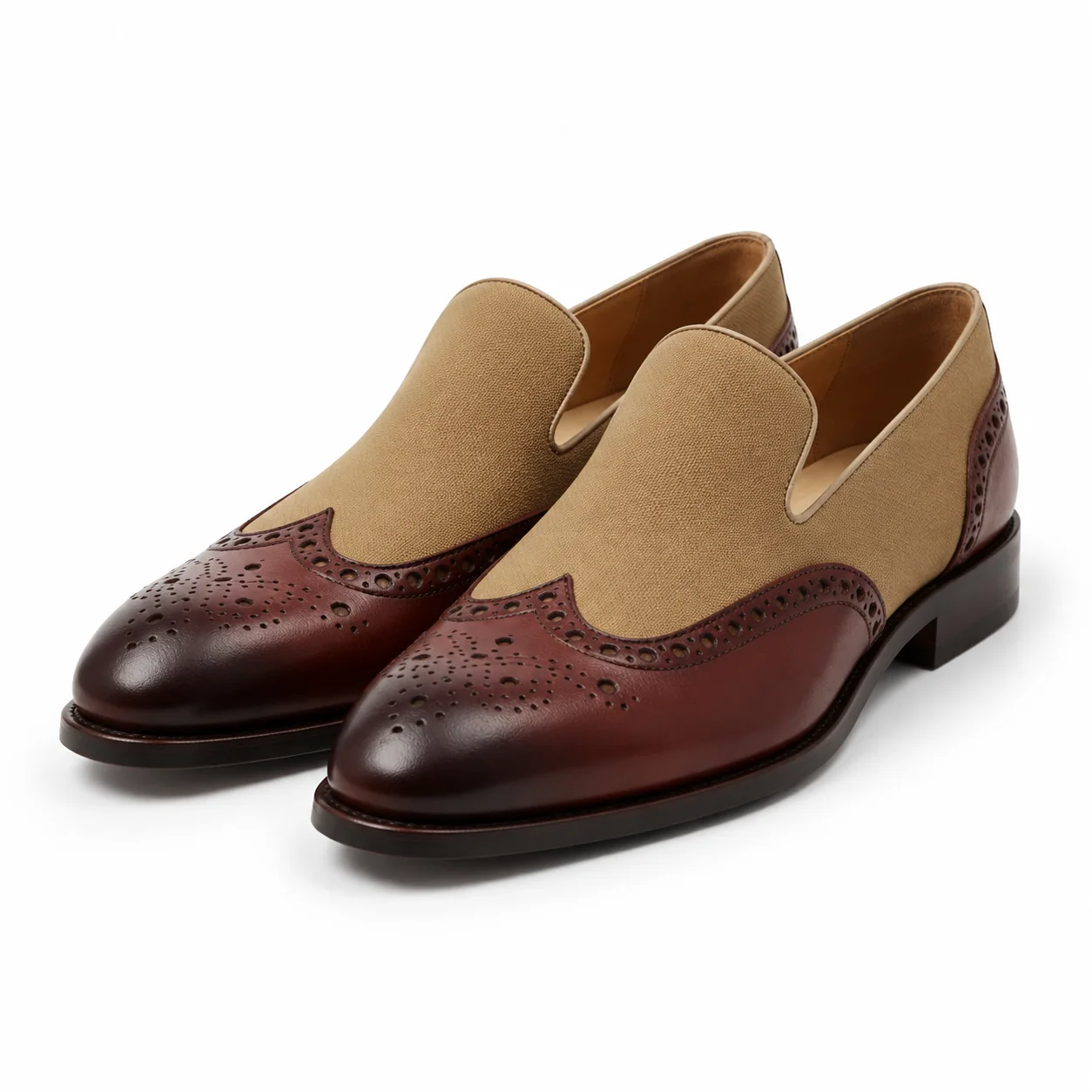 Burgundy Leather and Tan Canvas Wingtip Loafers