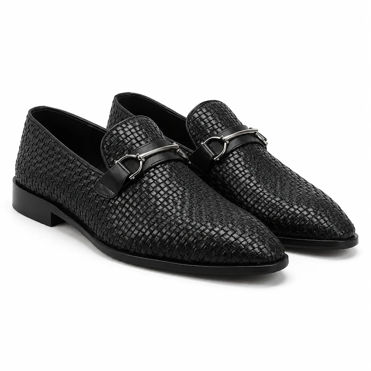Black Woven Leather Horsebit Dress Loafers