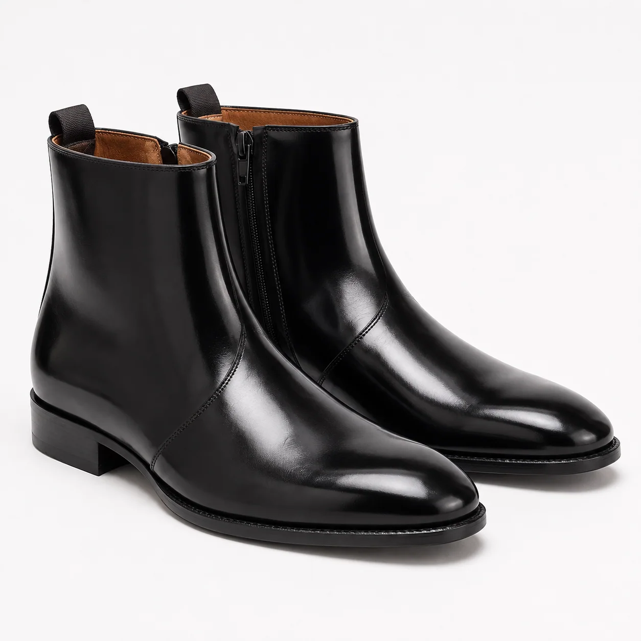 Black High-Shine Leather Zip Ankle Boots
