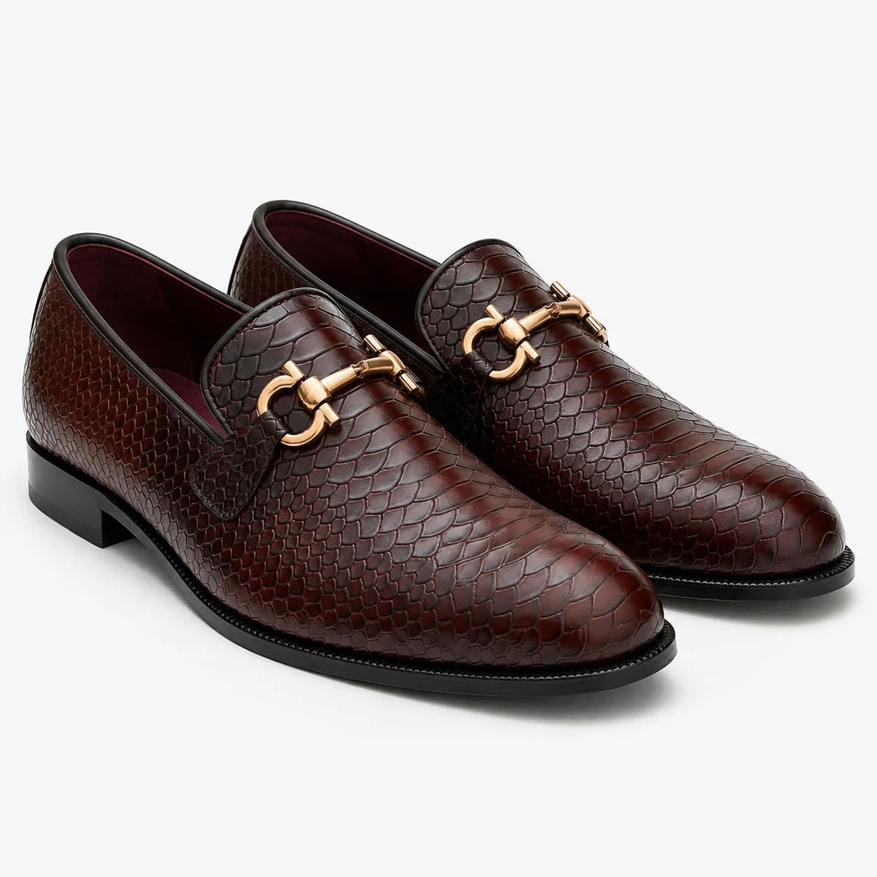 Dark Brown Python-Textured Leather Horsebit Loafers