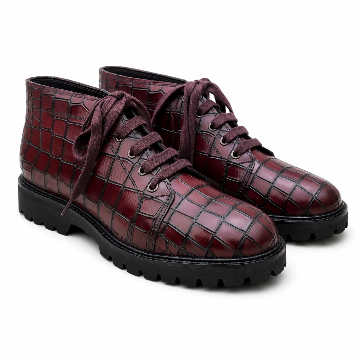 Burgundy Crocodile-Embossed Leather Lug-Sole Boots