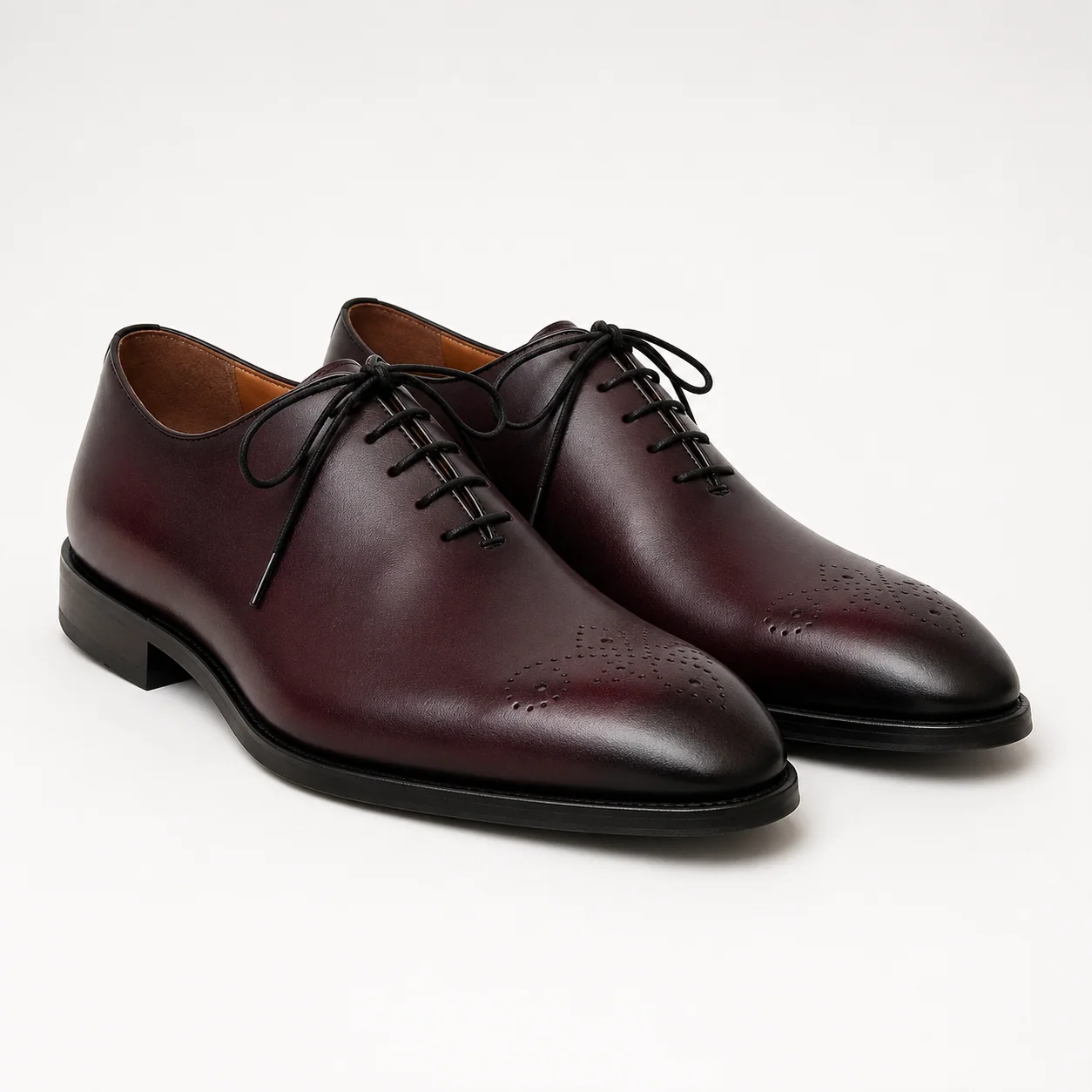 Burgundy Leather Wholecut Oxford Shoes with Toe Medallion