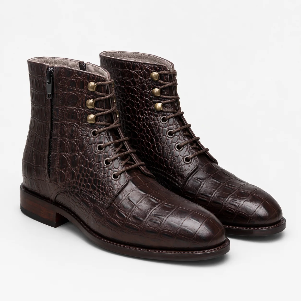 Brown Crocodile-Embossed Leather Lace-Up Zip Boots