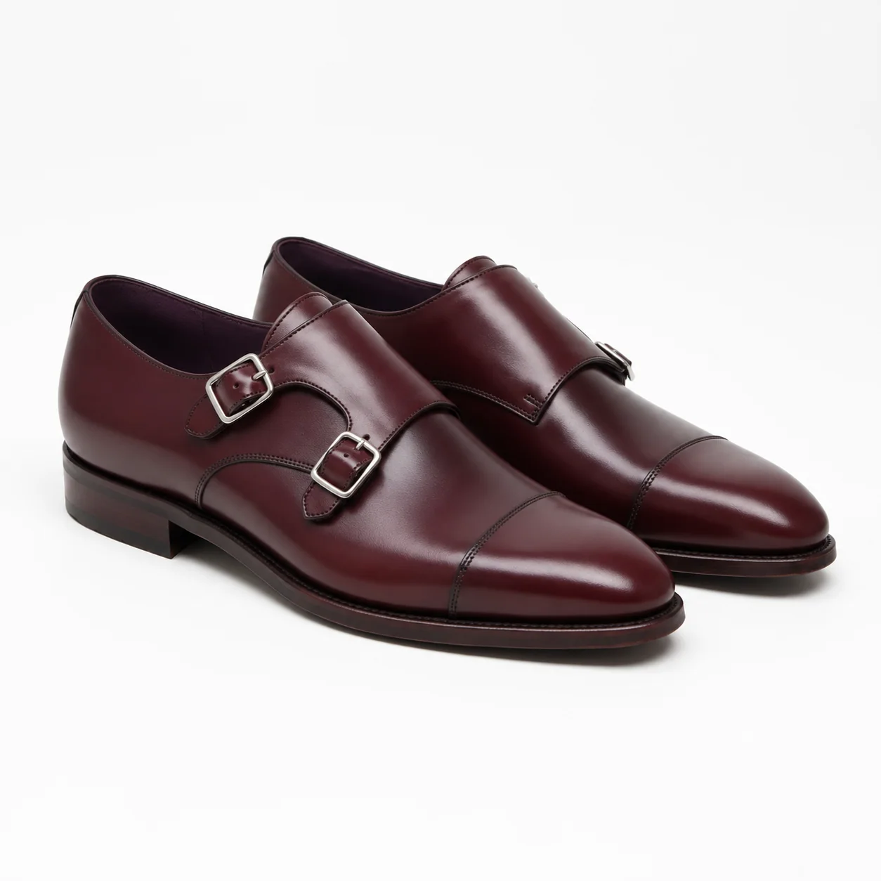 Burgundy Leather Cap-Toe Double-Monk Dress Shoes
