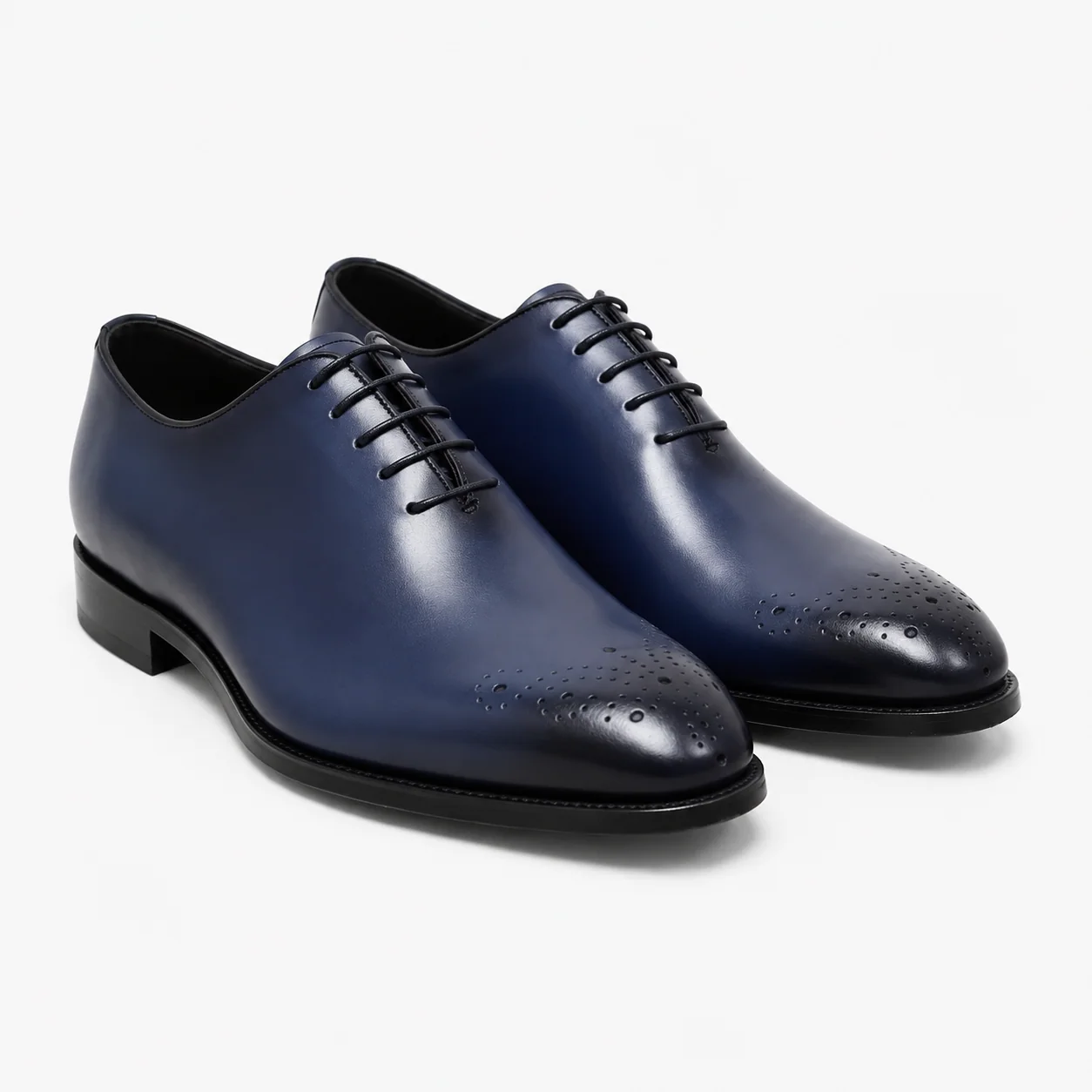 Navy Blue Leather Wholecut Oxford Shoes with Medallion