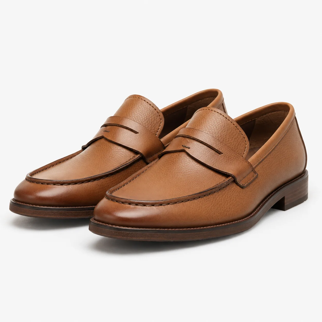 Cognac Pebble-Grain Leather Penny Loafers