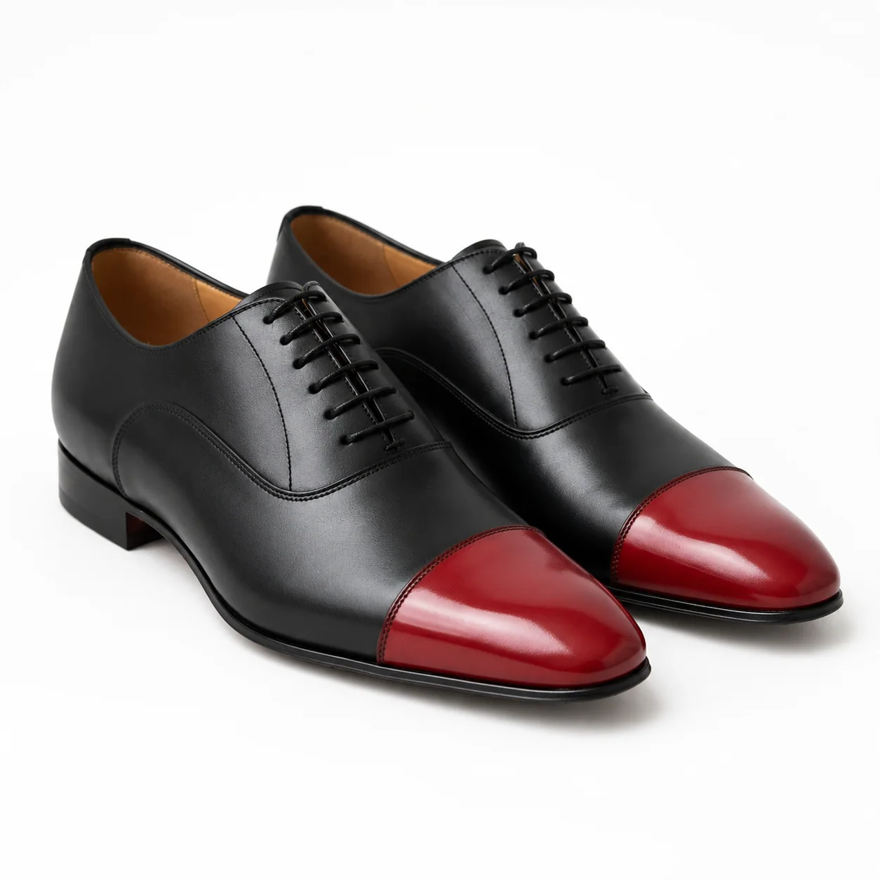 Black Leather Oxford Shoes with Burgundy Cap Toes