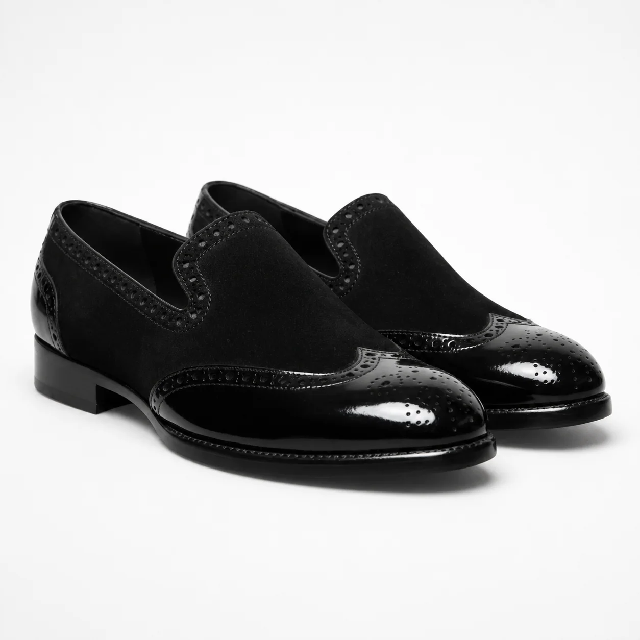 Black Suede and Patent Wingtip Loafers