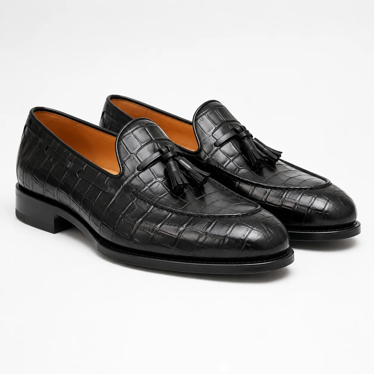 Black Crocodile-Embossed Leather Tassel Dress Loafers