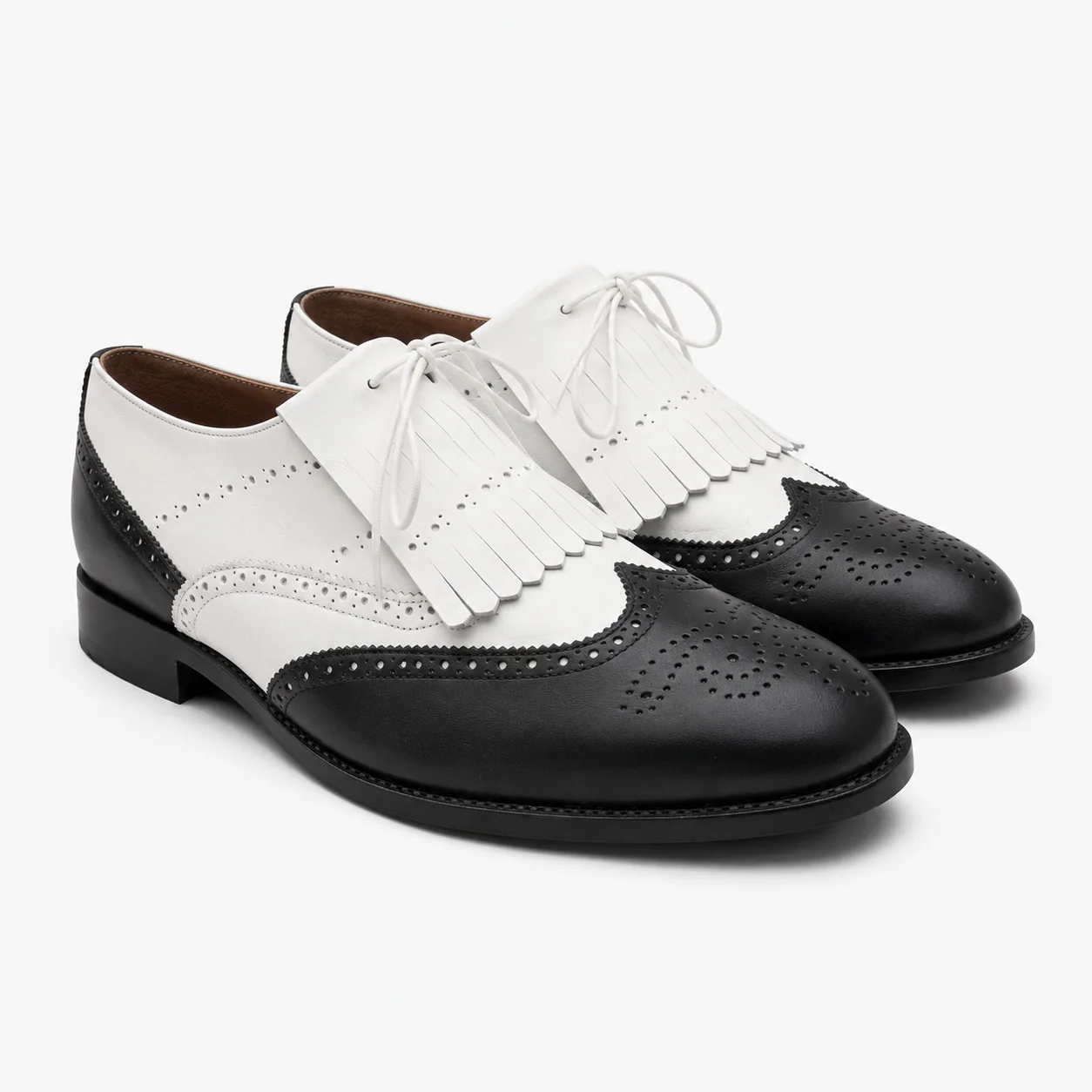 Black and White Leather Kiltie Spectator Brogue Shoes