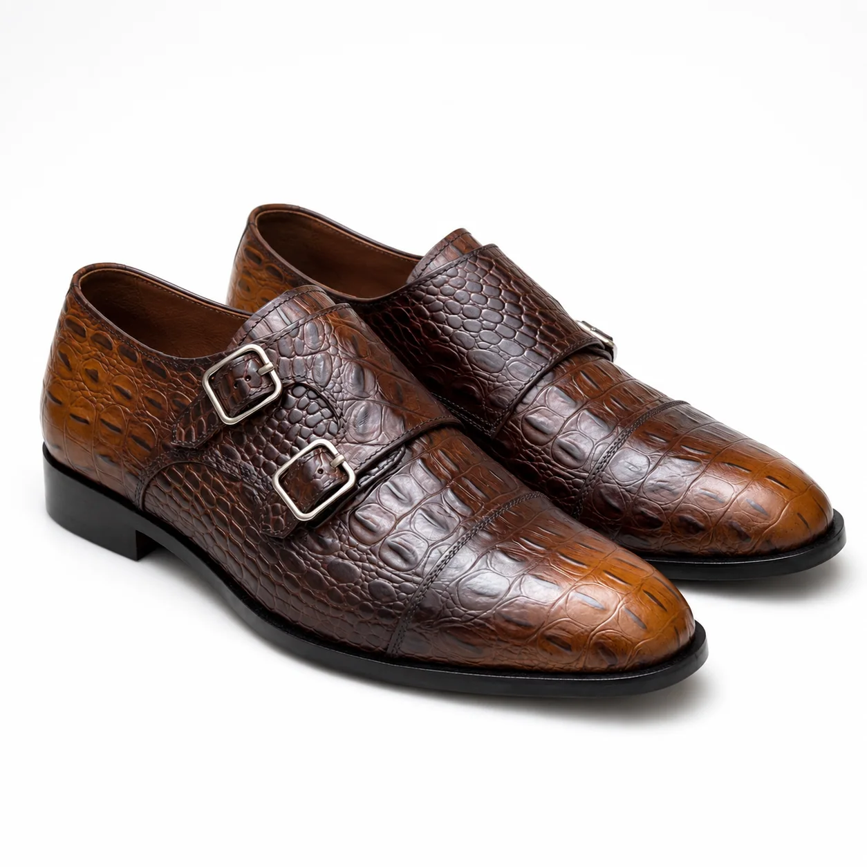 Brown Crocodile-Embossed Leather Double-Monk Dress Shoes