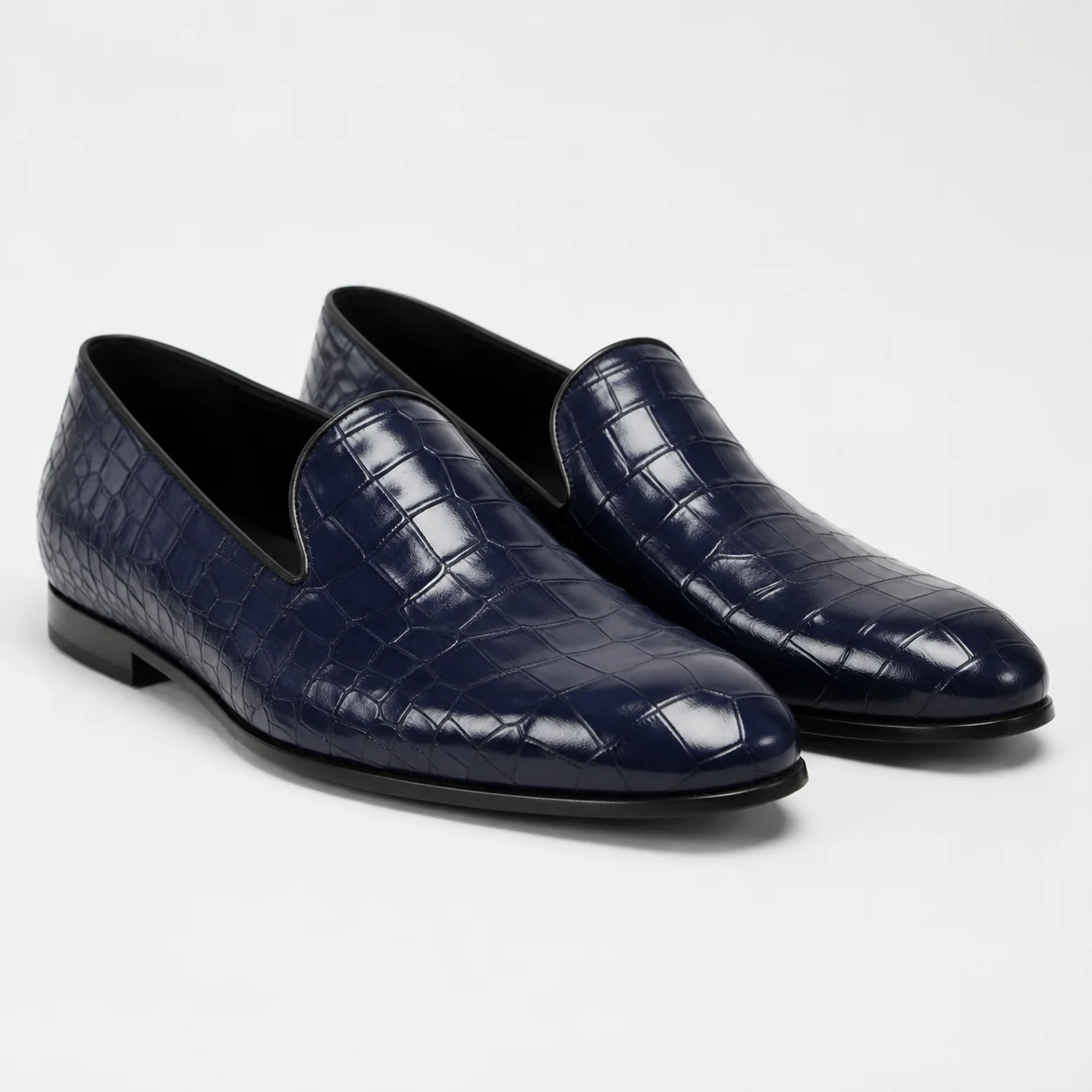 Navy Crocodile-Embossed Leather Venetian Loafers
