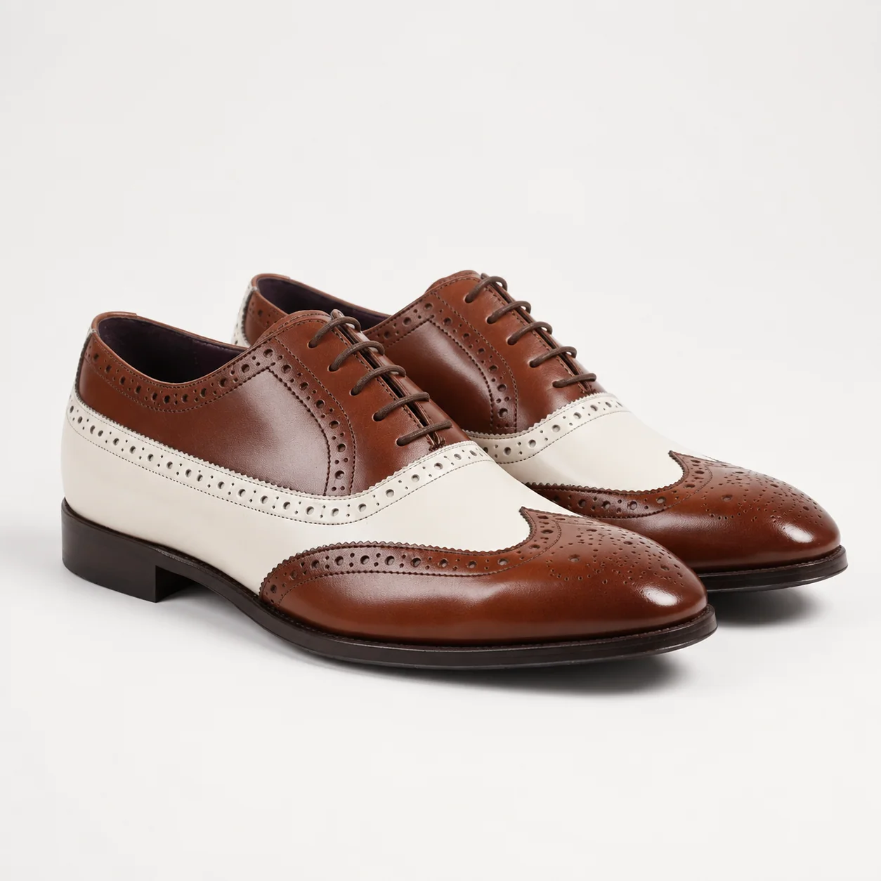 Brown and White Leather Wingtip Spectator Oxfords