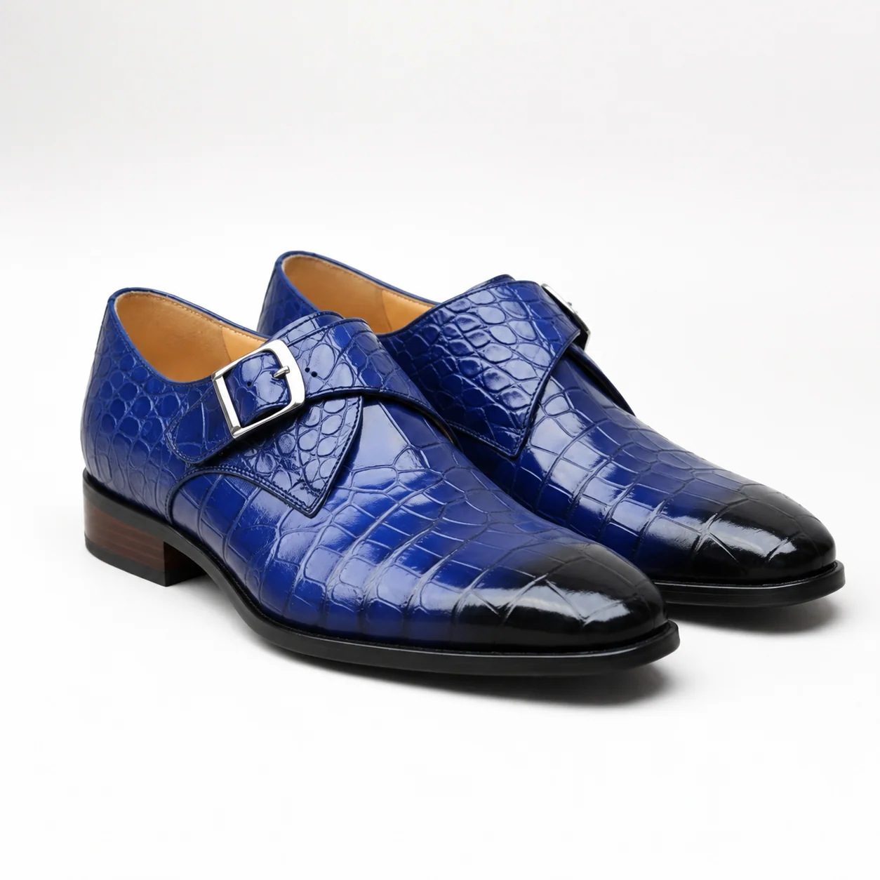 Royal Blue Crocodile-Embossed Leather Single-Monk Shoes