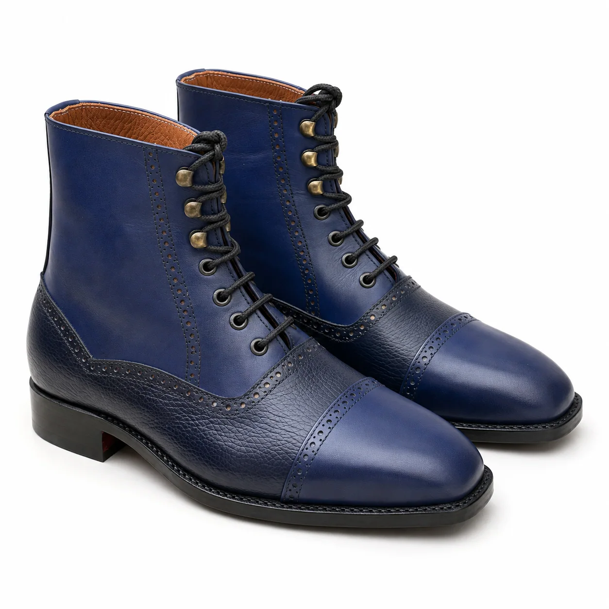 Navy Leather Cap-Toe Lace-Up Ankle Boots