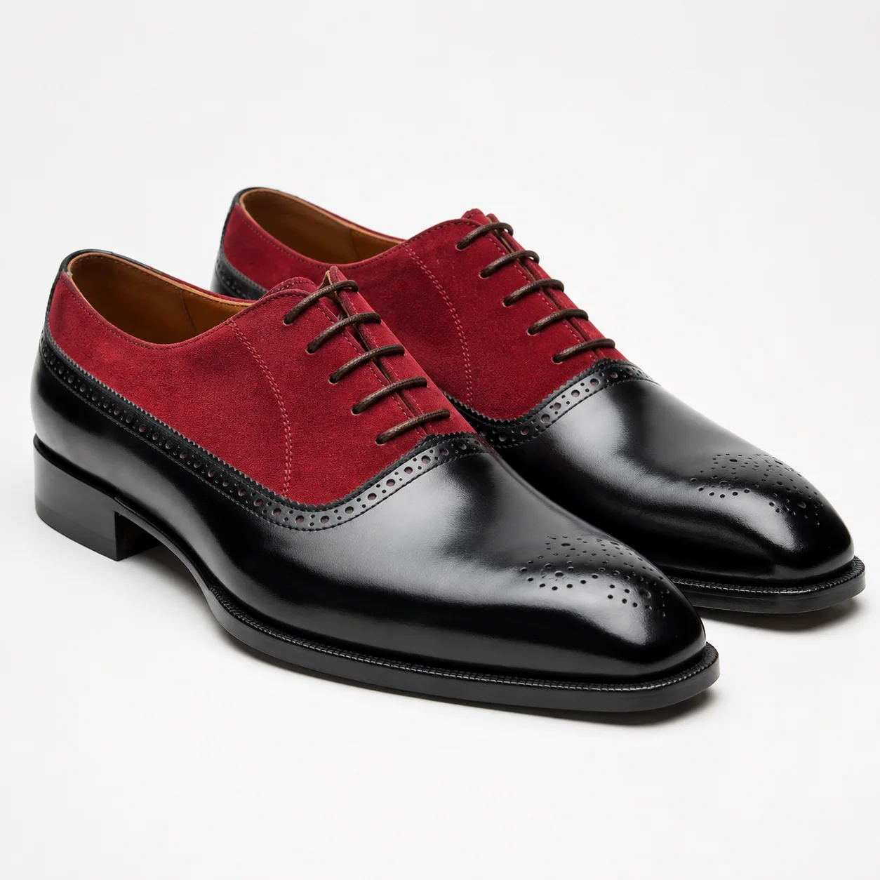 Black Leather and Burgundy Suede Saddle Oxford Shoes
