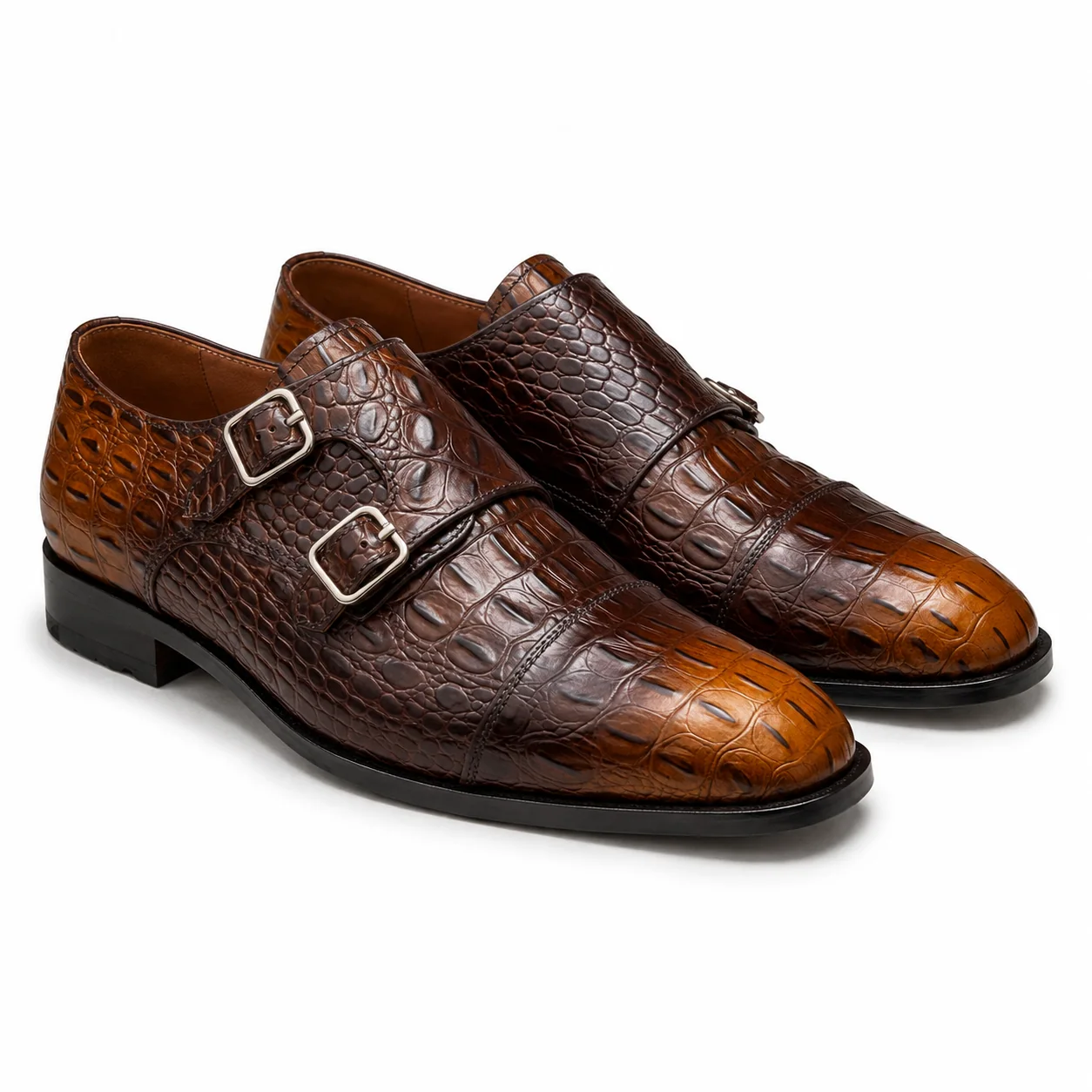 Brown Crocodile-Embossed Double-Monk Leather Shoes