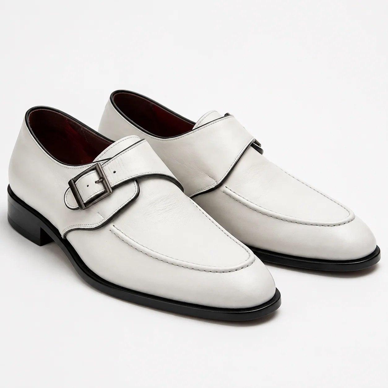 White Leather Apron-Toe Single-Monk Shoes