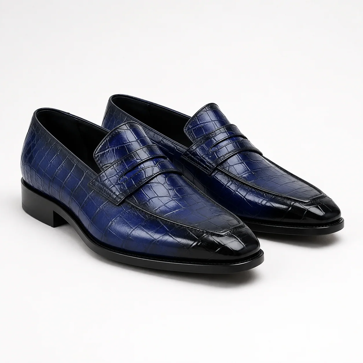Royal Blue Crocodile-Embossed Penny Loafers