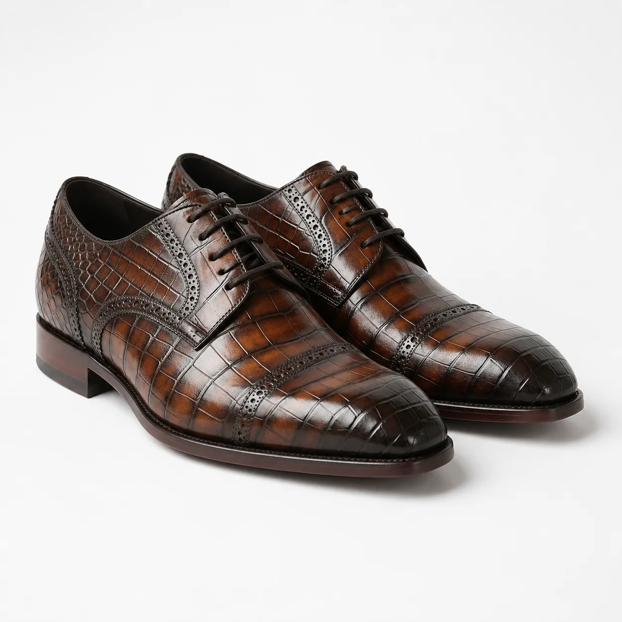 Brown Crocodile-Embossed Cap-Toe Derby Shoes