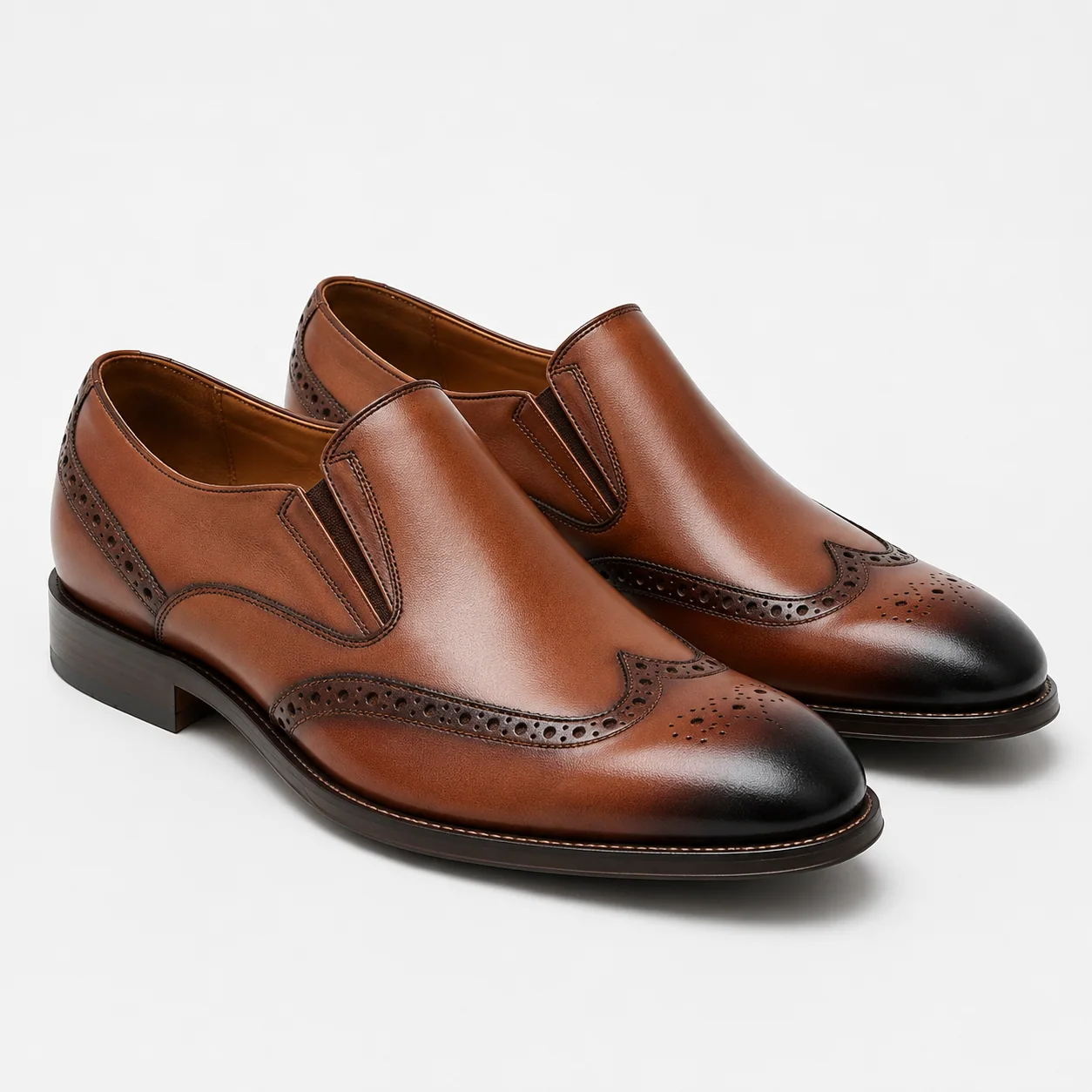 Cognac Wingtip Brogue Leather Slip-On Shoes