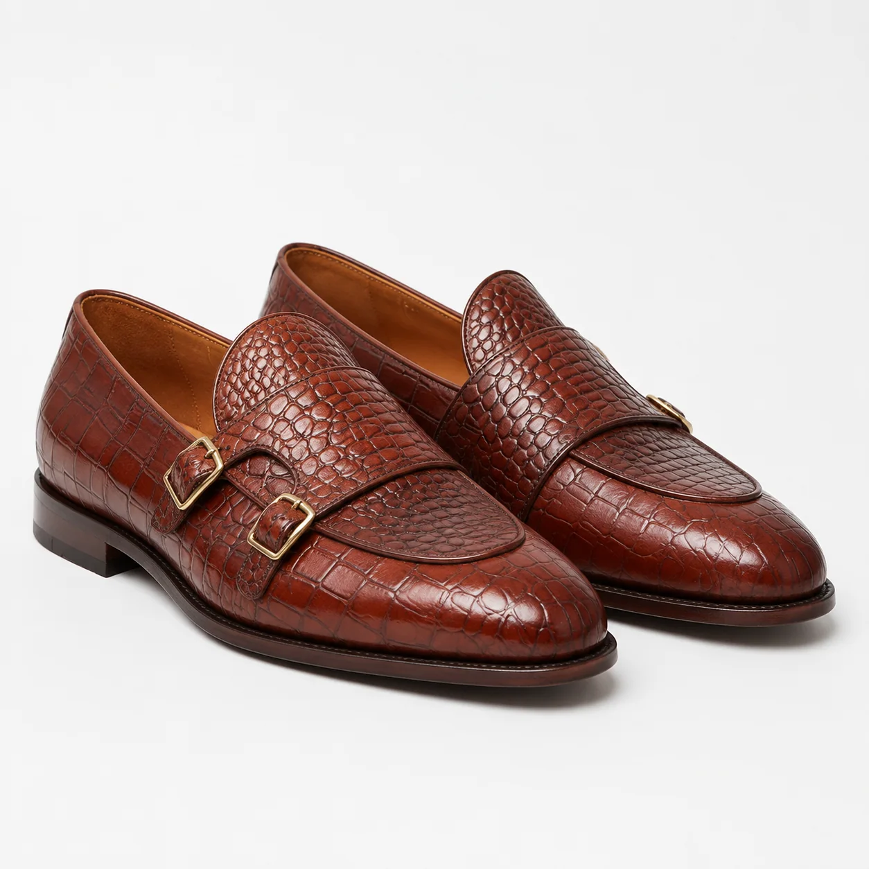 Reddish Brown Textured Leather Double-Monk Shoes