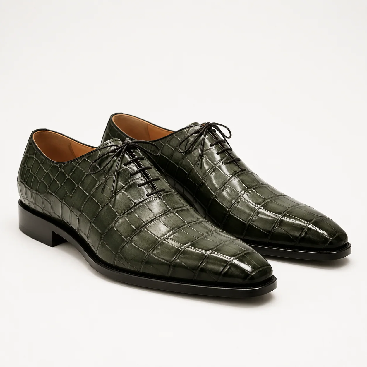 Olive Green Crocodile-Embossed Oxford Shoes