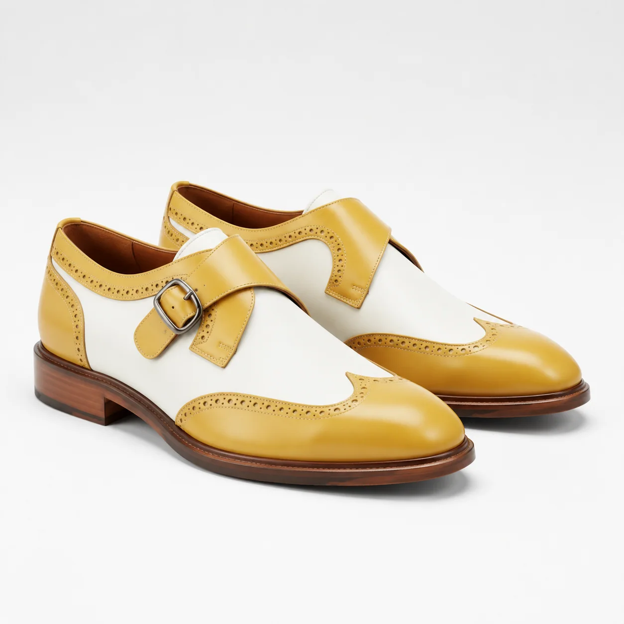 Mustard and White Wingtip Monk-Strap Shoes