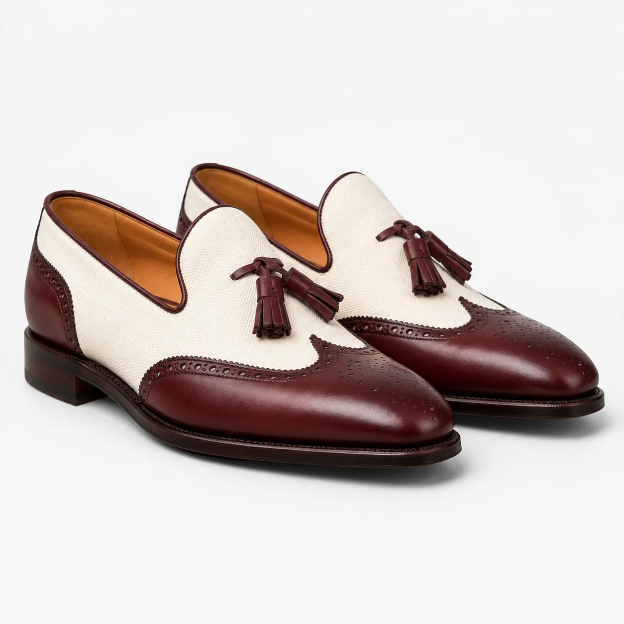 Burgundy and Cream Wingtip Tassel Loafers