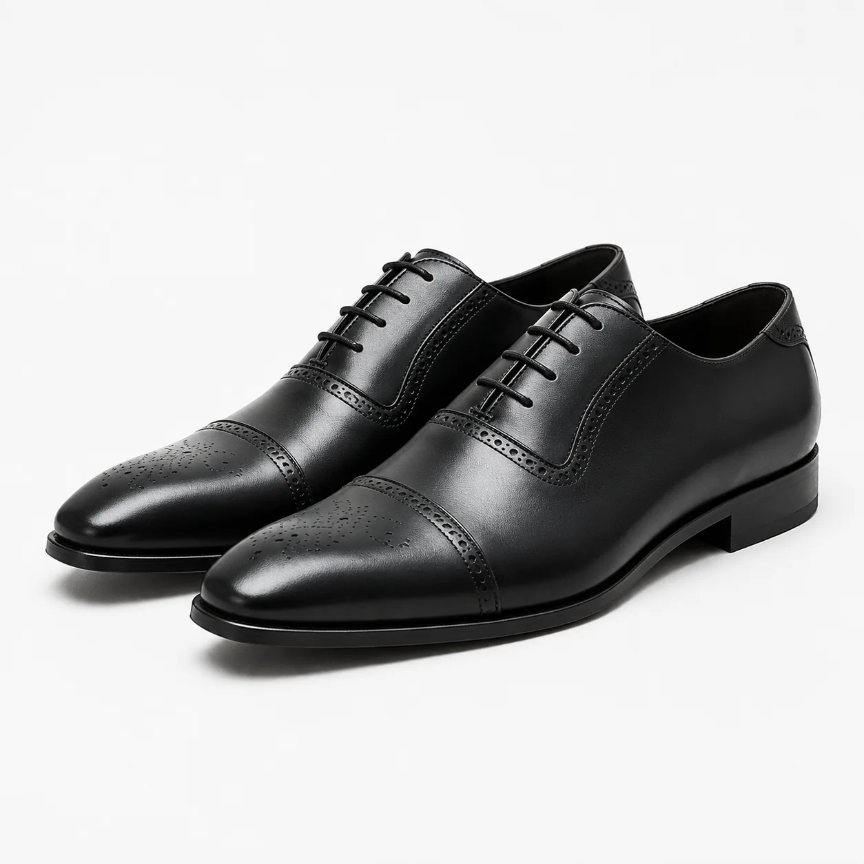 Black Leather Cap-Toe Brogue Oxford Shoes