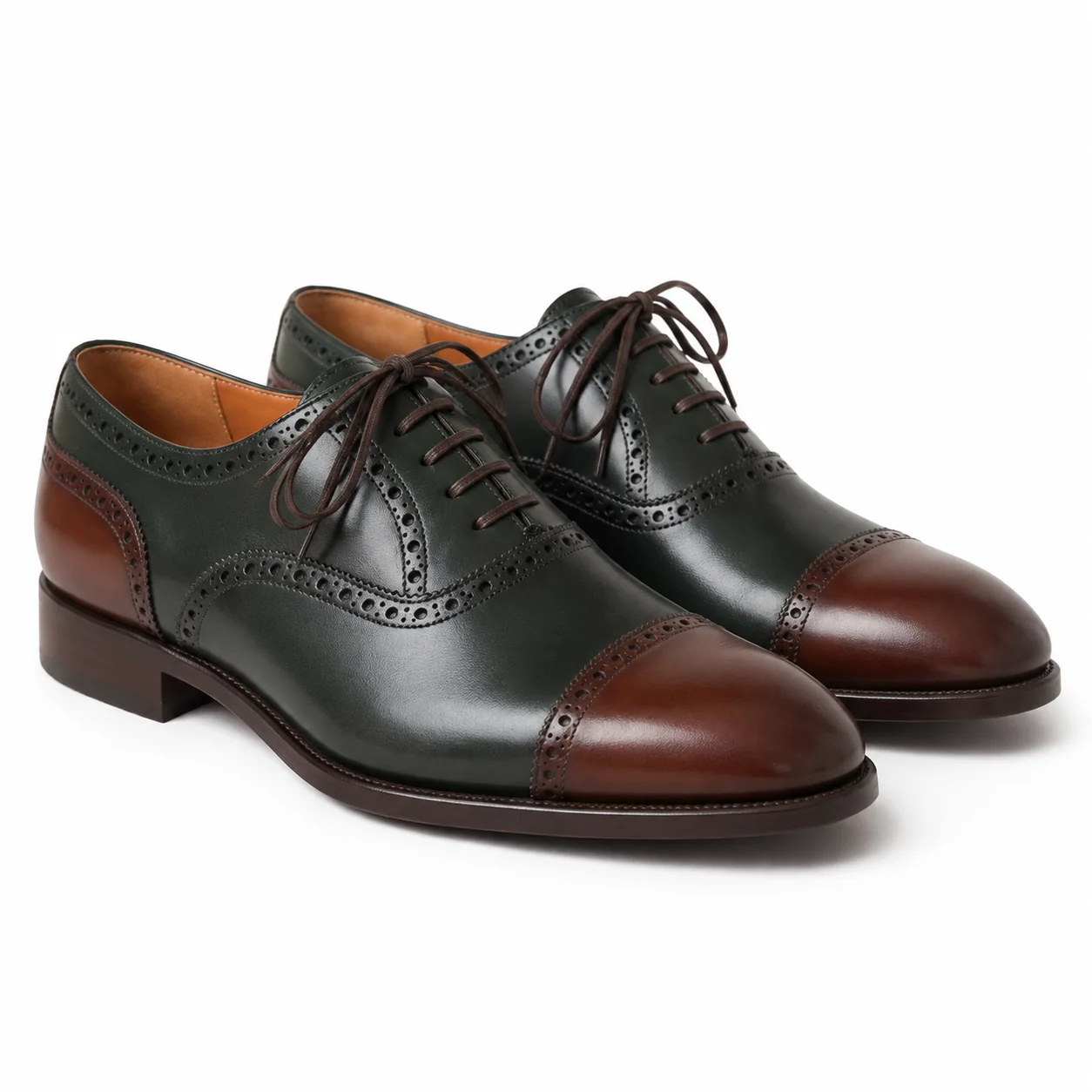 Green and Brown Leather Cap-Toe Brogue Oxfords