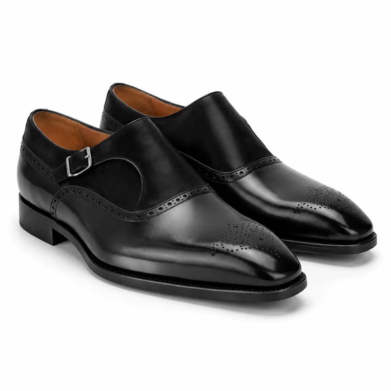 Black Leather Brogue Single-Monk Dress Shoes