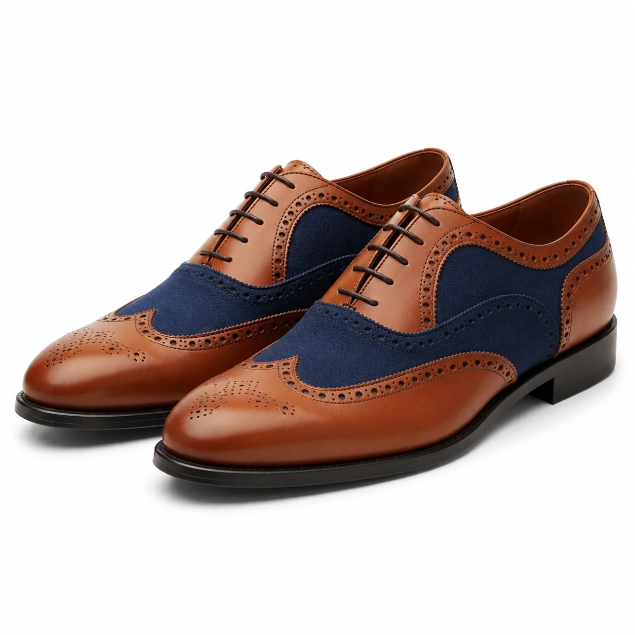 Tan and Navy Wingtip Brogue Oxford Shoes