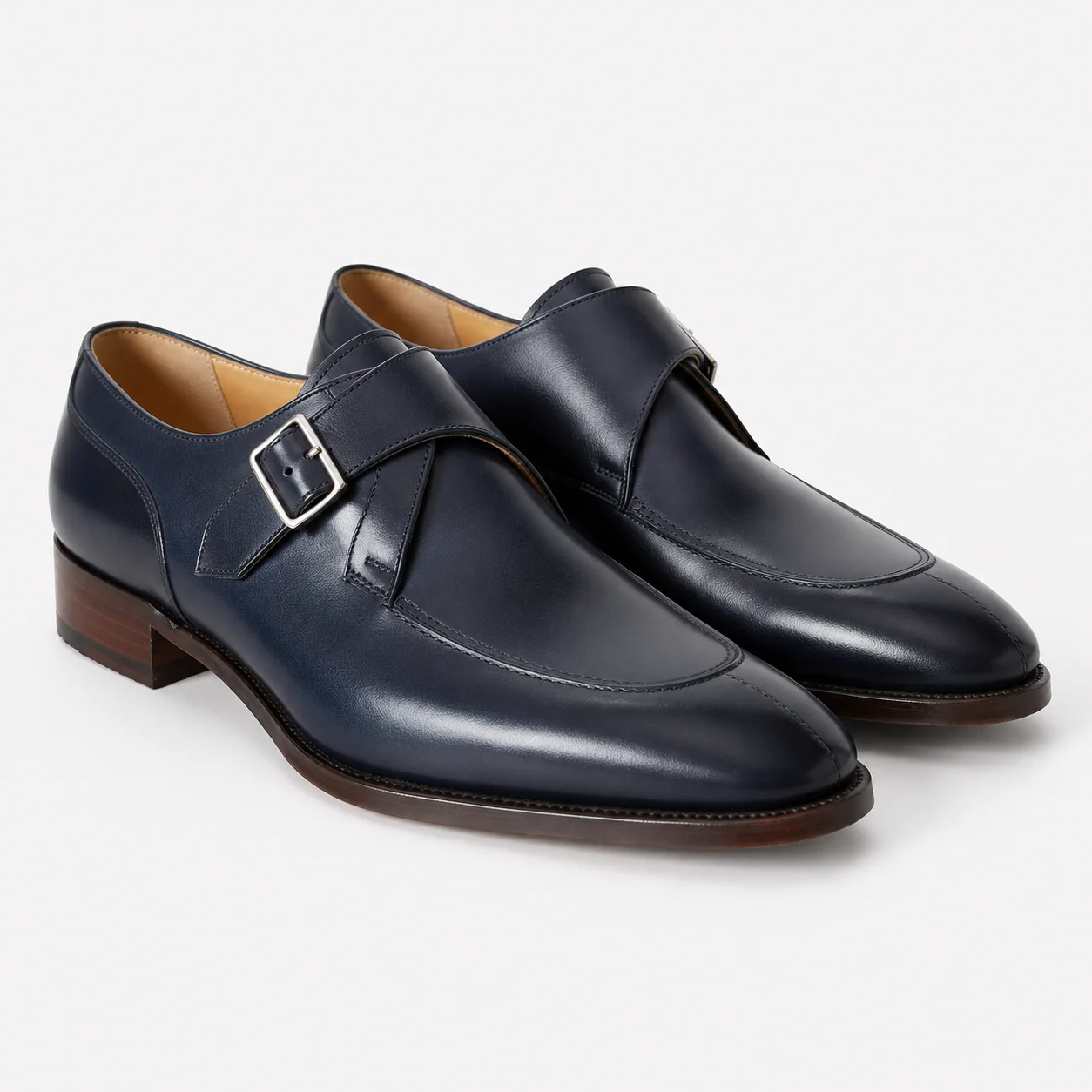 Navy Leather Apron-Toe Single-Monk Shoes