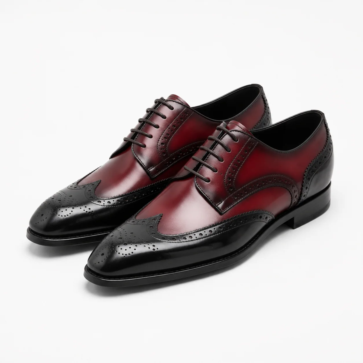 Burgundy and Black Leather Wingtip Oxford Shoes