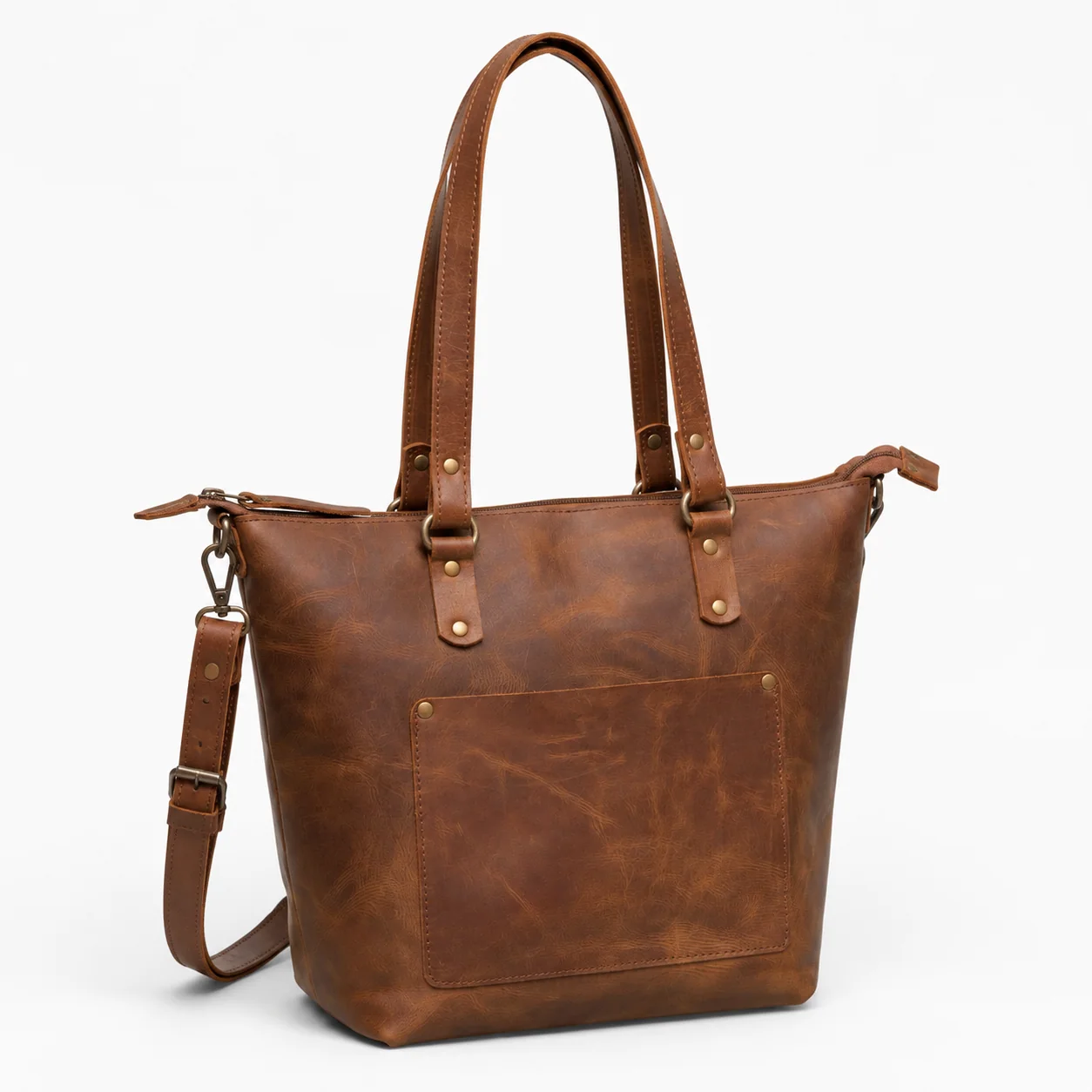 Brown Tote Bag with Zipper Closure & Detachable Shoulder Strap
