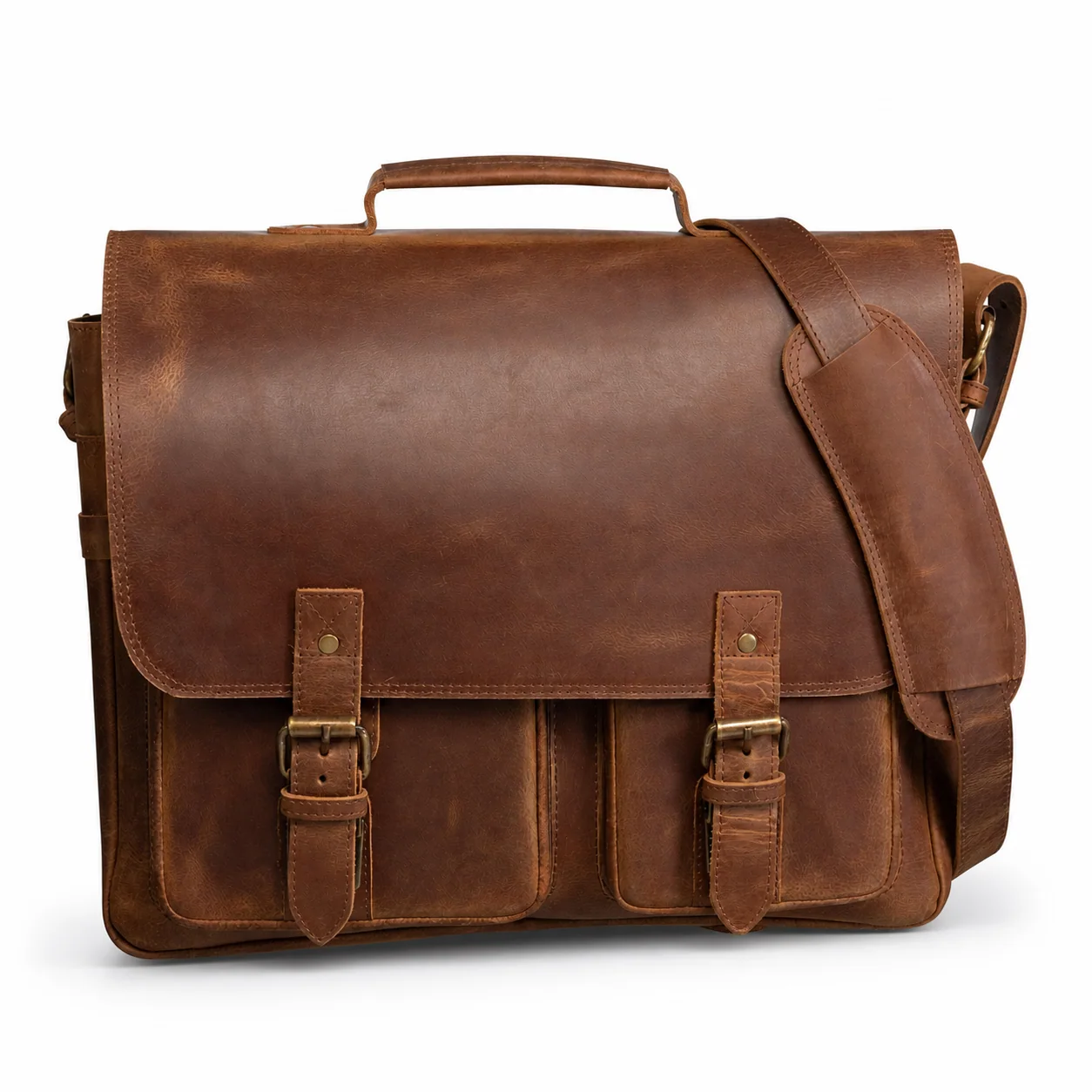 Brown Leather Double-Buckle Briefcase with Front Utility Pockets