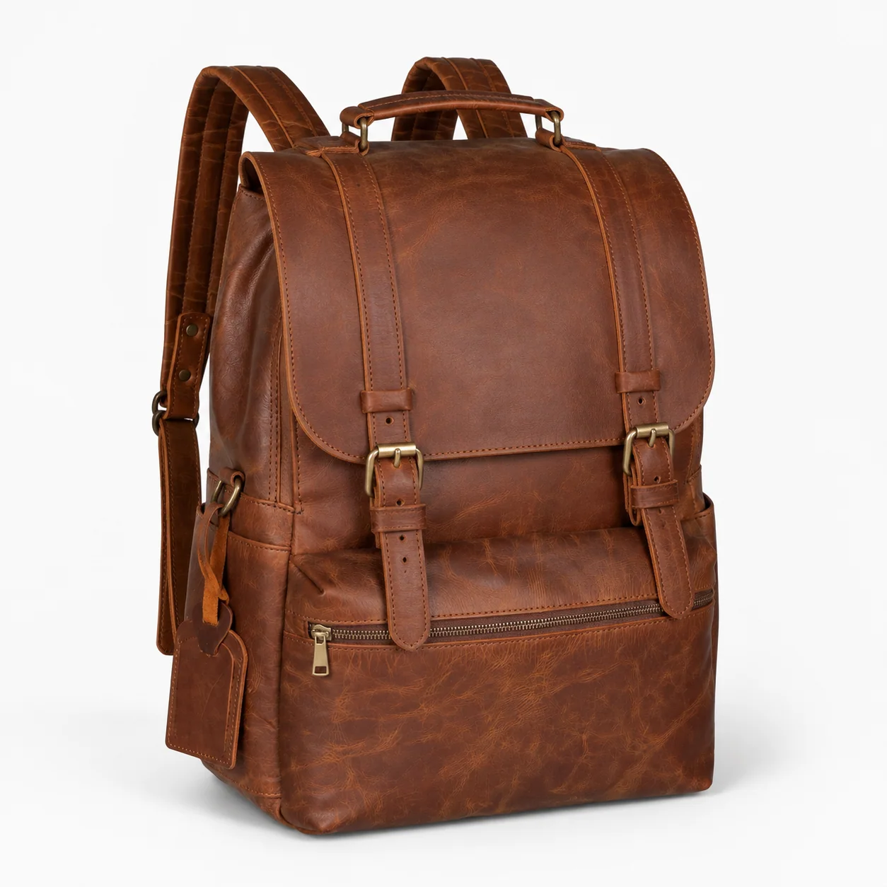 Brown Double-Buckle Backpack with Front Zip Pocket