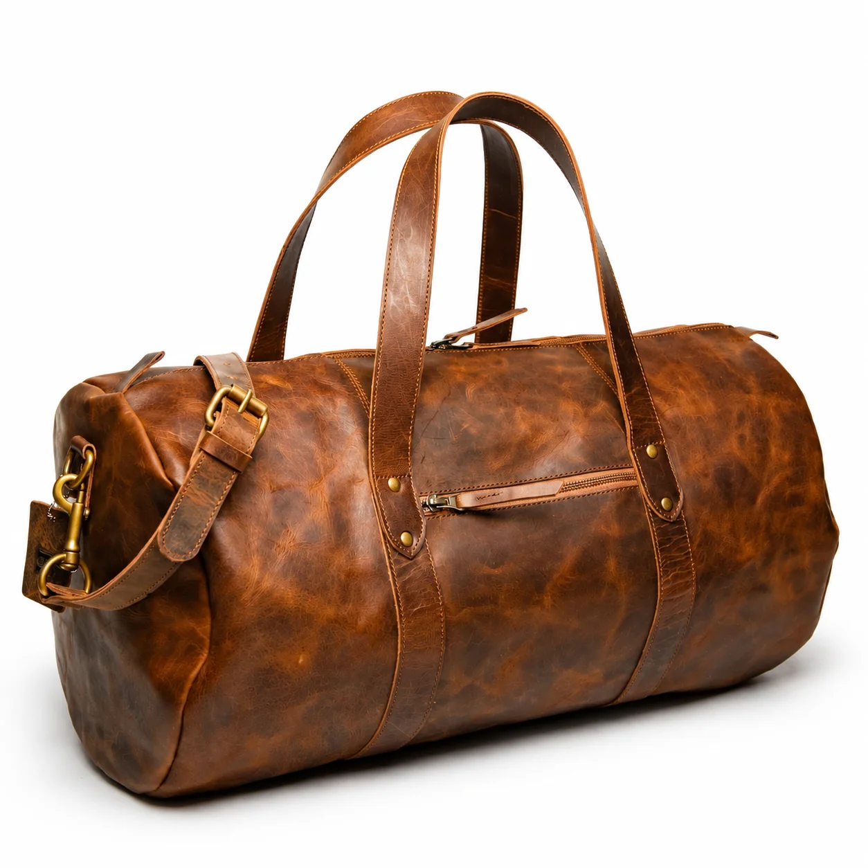 Vintage Brown Duffel Bag with Front Zip Pocket & Shoulder Strap