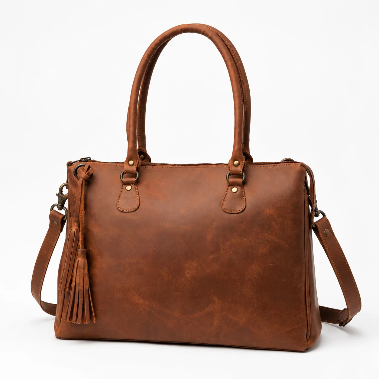 Brown Tote Bag with Top Zip Closure & Detachable Shoulder Strap