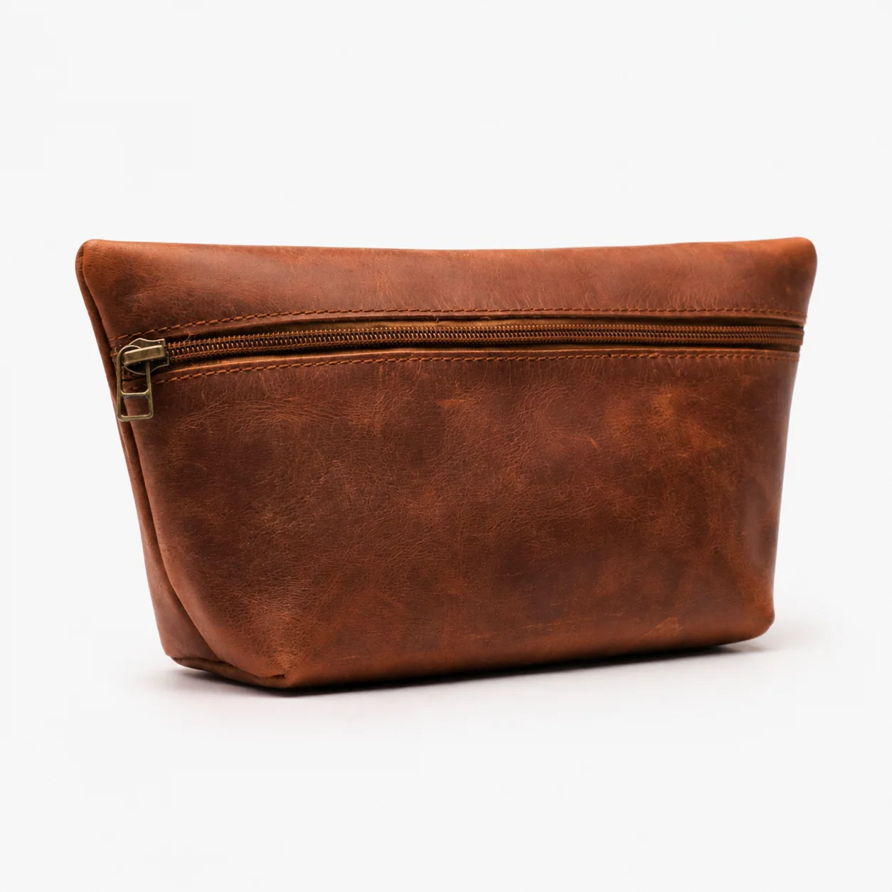 Brown Leather Zip Pouch with Structured Base