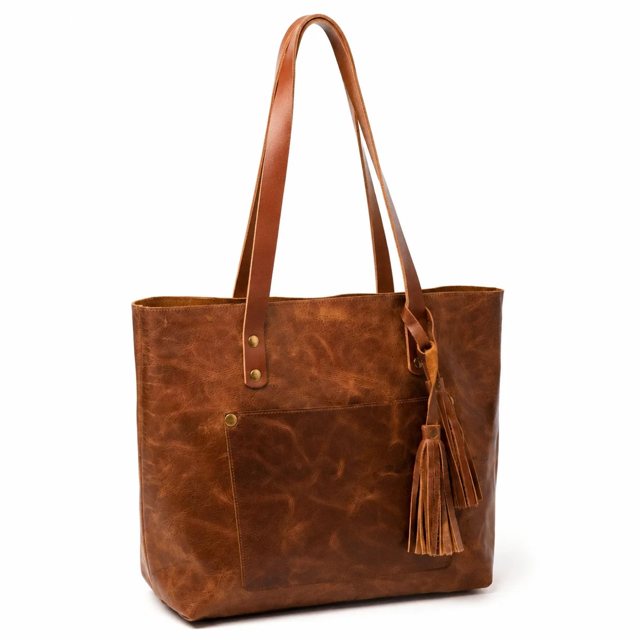 Distressed Tote Bag with Front Pocket & Tassel Detail