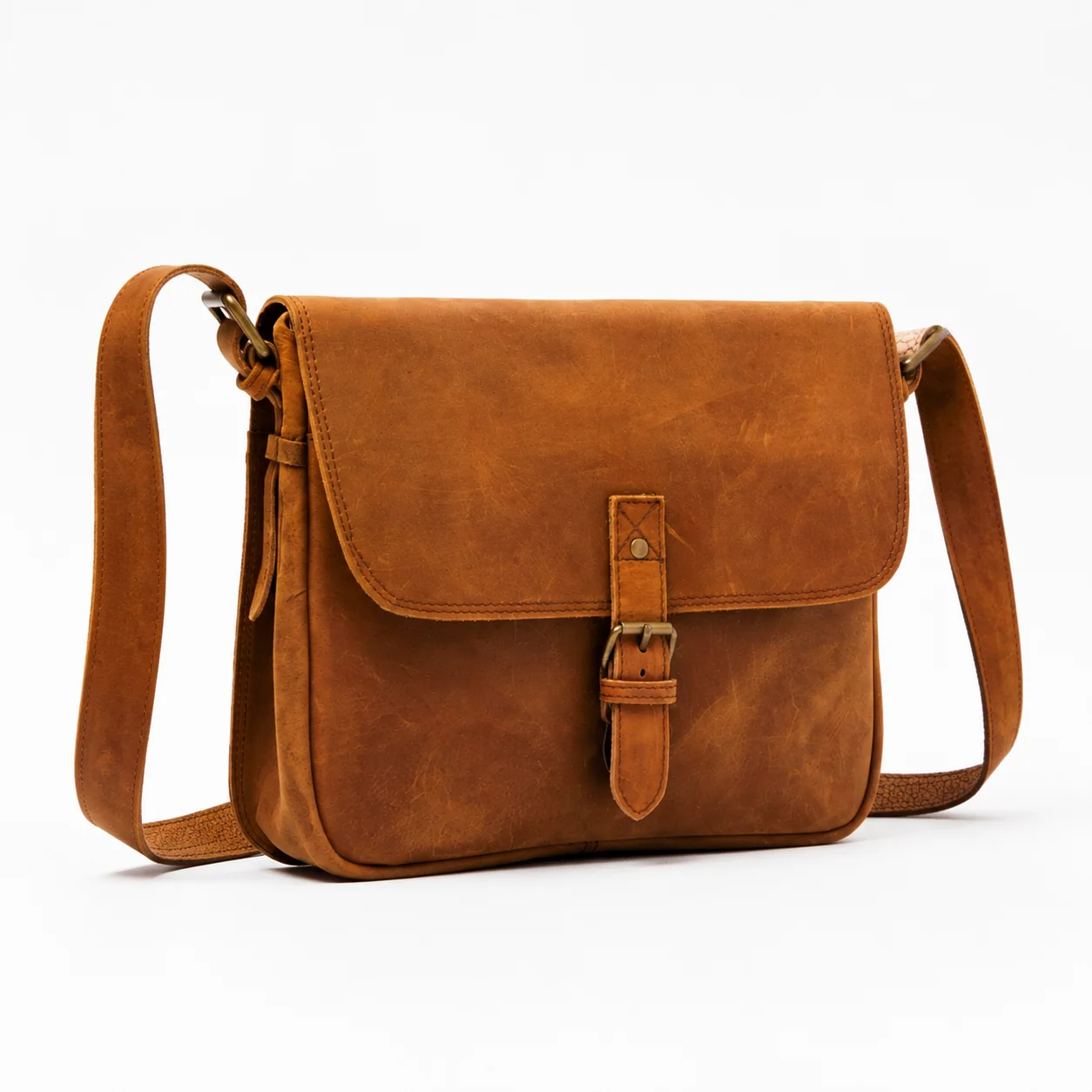 Brown Crossbody Messenger Bag with Flap & Buckle Closure
