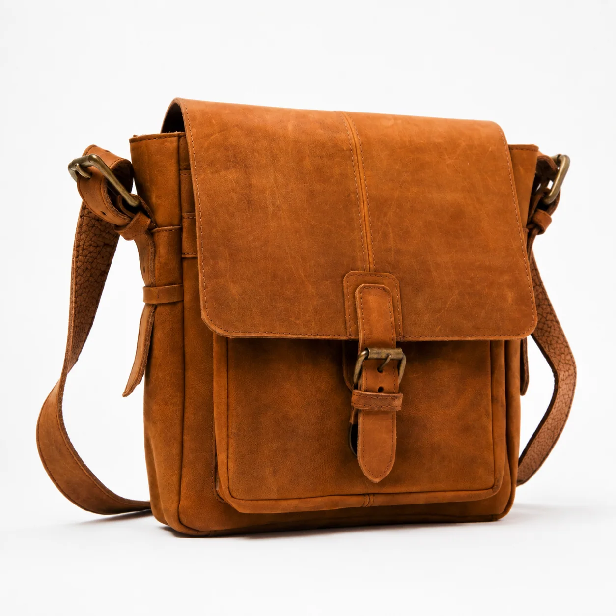 Brown Crossbody Messenger Bag with Flap, Buckle Closure & Rear Pocket