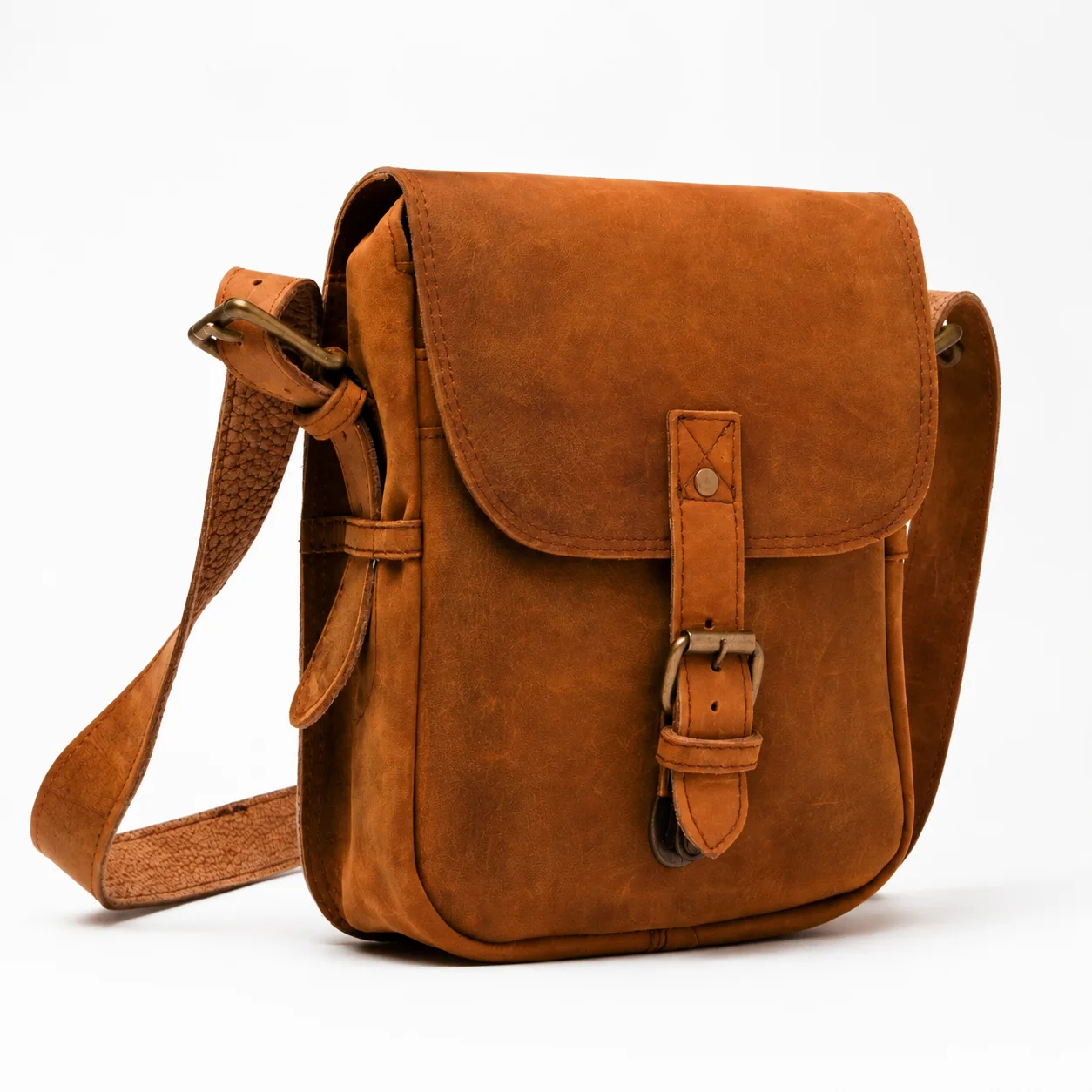 Tan Brown Crossbody Messenger Bag with Flap & Buckle Closure